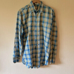 Peter Millar L blue orange green white cotton linen blend button down like new